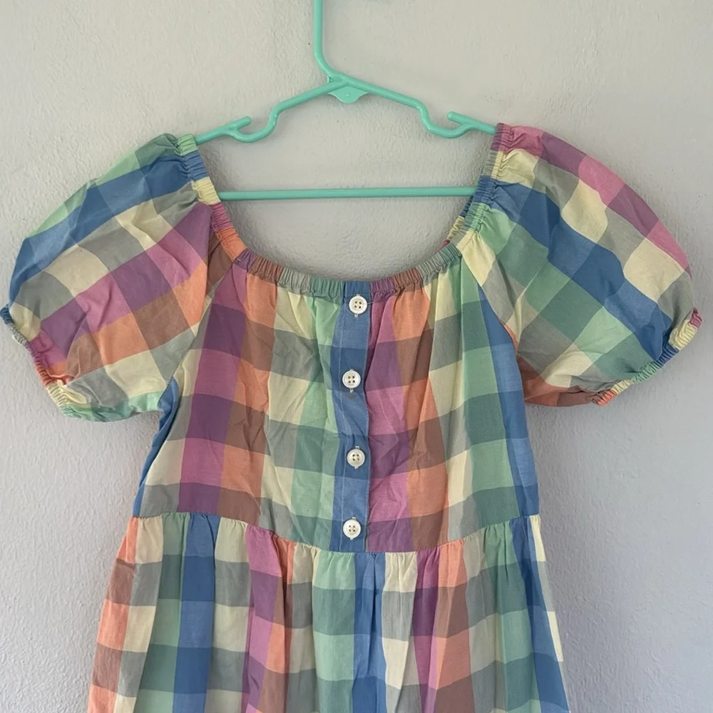 GAP girl’s pastel gingham plaid cotton button print puff sleeve dress medium